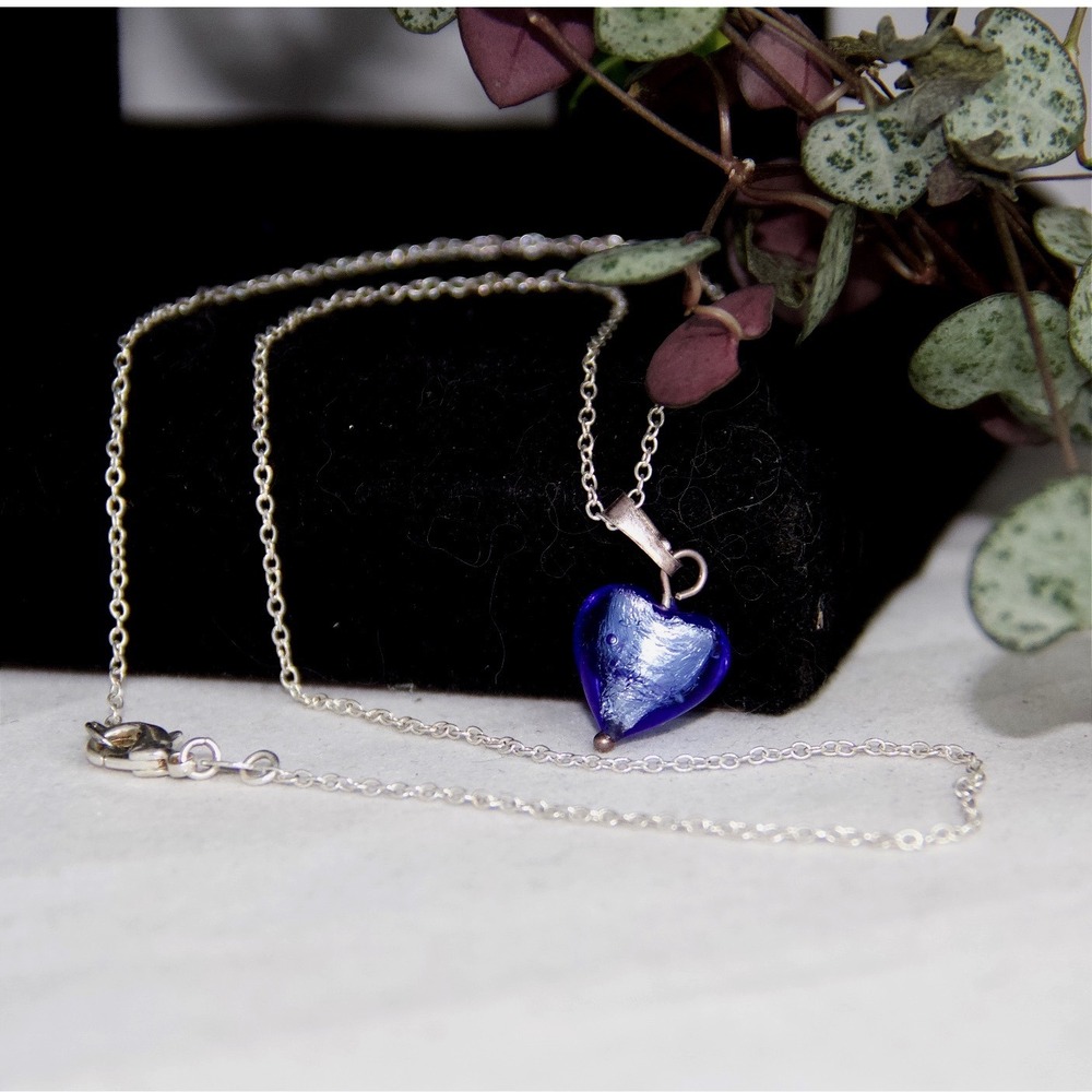 Sterling Silver 925 Blue Lampwork Glass Heart Pendant Necklace 18 Inch Chain